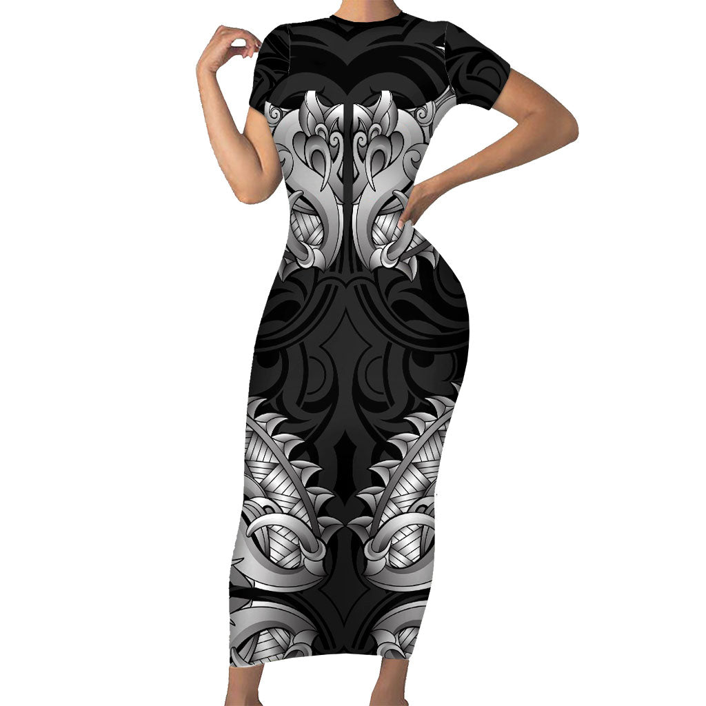New Zealand Ta Moko Short Sleeve Bodycon Dress Aotearoa Maori Chest Tattoo Black LT14 Long Dress Black - Polynesian Pride
