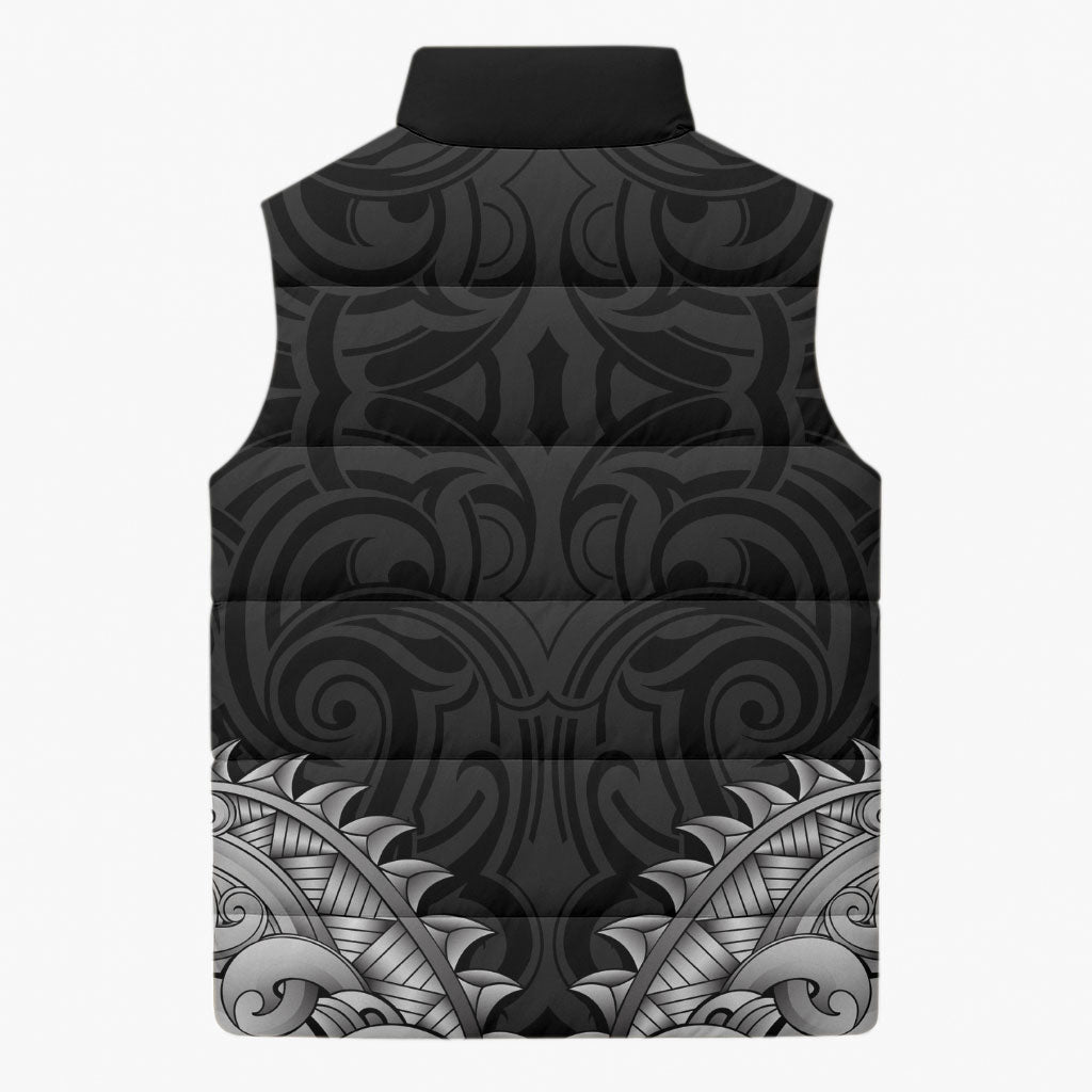 New Zealand Ta Moko Sleeveless Puffer Jacket Aotearoa Maori Chest Tattoo Black