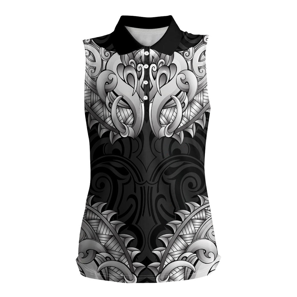 New Zealand Ta Moko Women Sleeveless Polo Shirt Aotearoa Maori Chest Tattoo Black