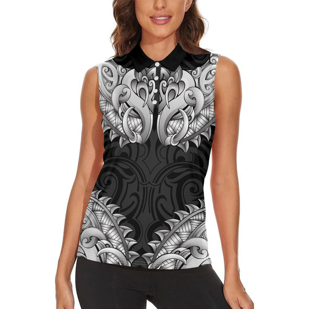 New Zealand Ta Moko Women Sleeveless Polo Shirt Aotearoa Maori Chest Tattoo Black