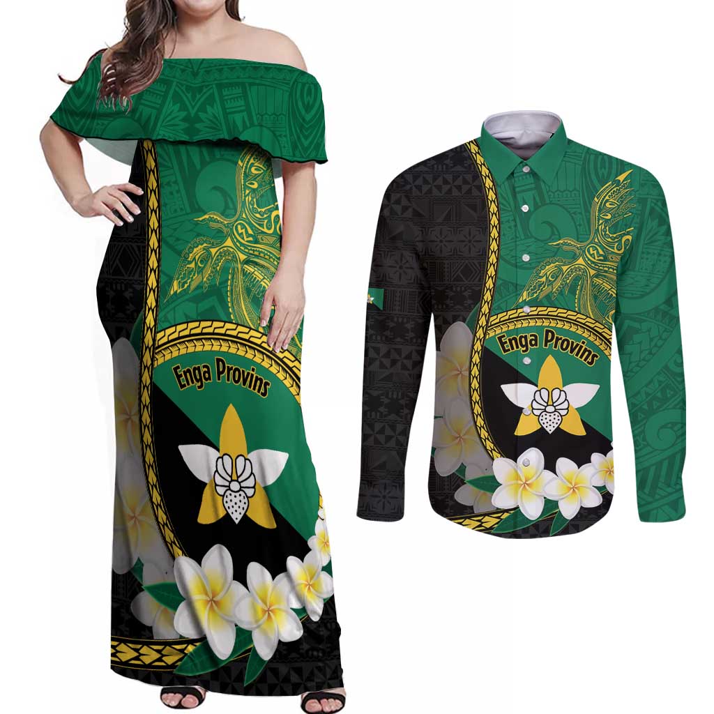 Personalised PNG Enga Provins Couples Matching Off Shoulder Maxi Dress and Long Sleeve Button Shirt Papua New Guinea Plumeria Melanesian Pattern - Polynesian Pride