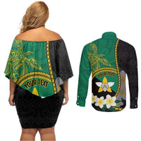 Personalised PNG Enga Provins Couples Matching Off Shoulder Short Dress and Long Sleeve Button Shirt Papua New Guinea Plumeria Melanesian Pattern - Polynesian Pride