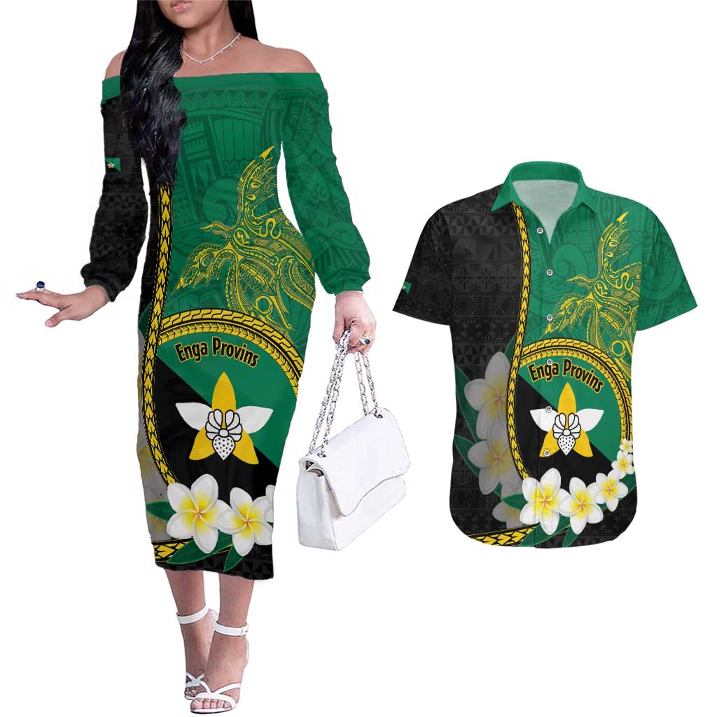 Personalised PNG Enga Provins Couples Matching Off The Shoulder Long Sleeve Dress and Hawaiian Shirt Papua New Guinea Plumeria Melanesian Pattern - Polynesian Pride