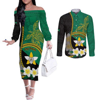 Personalised PNG Enga Provins Couples Matching Off The Shoulder Long Sleeve Dress and Long Sleeve Button Shirt Papua New Guinea Plumeria Melanesian Pattern - Polynesian Pride