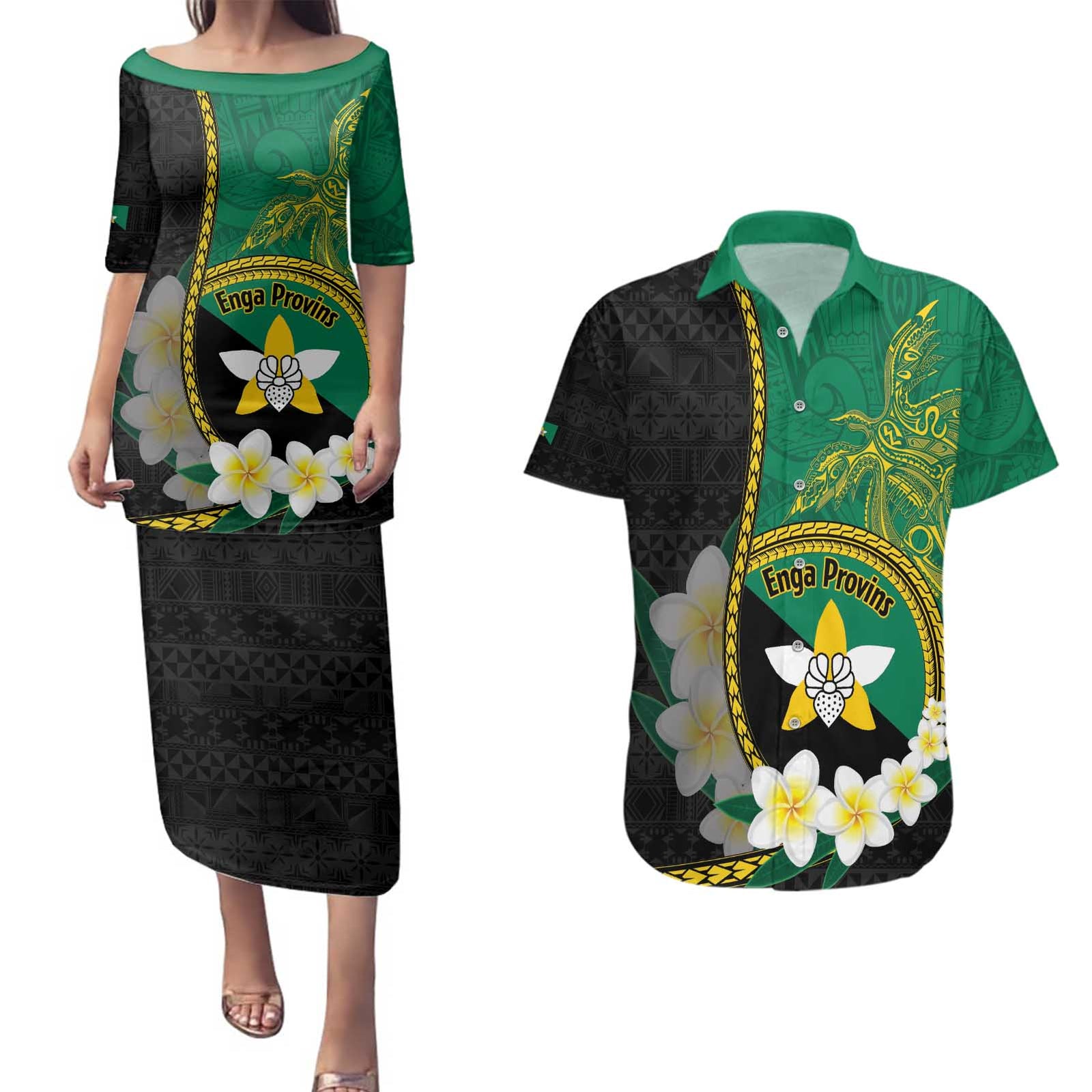 Personalised PNG Enga Provins Couples Matching Puletasi and Hawaiian Shirt Papua New Guinea Plumeria Melanesian Pattern - Polynesian Pride