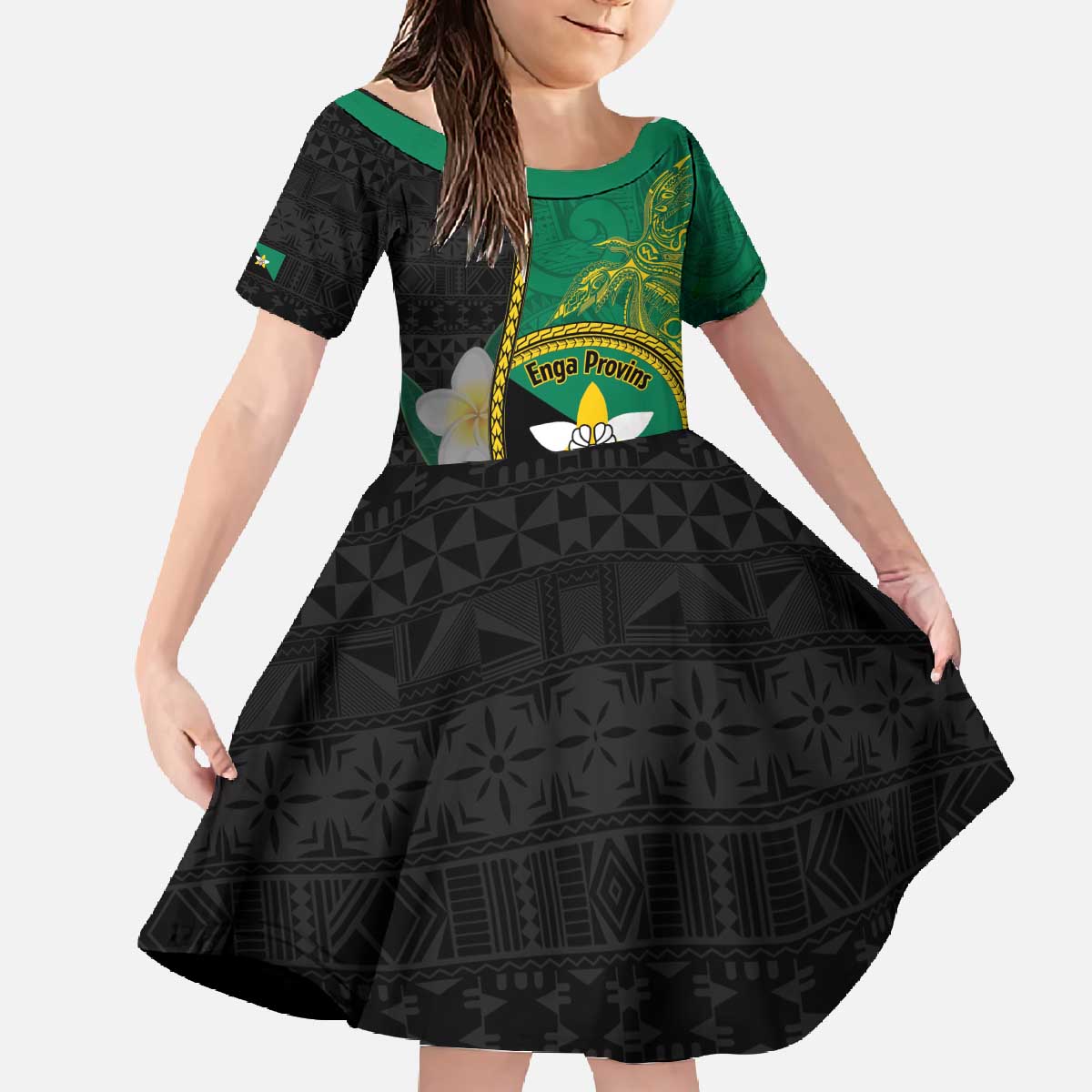 Personalised PNG Enga Provins Family Matching Off The Shoulder Long Sleeve Dress and Hawaiian Shirt Papua New Guinea Plumeria Melanesian Pattern - Polynesian Pride
