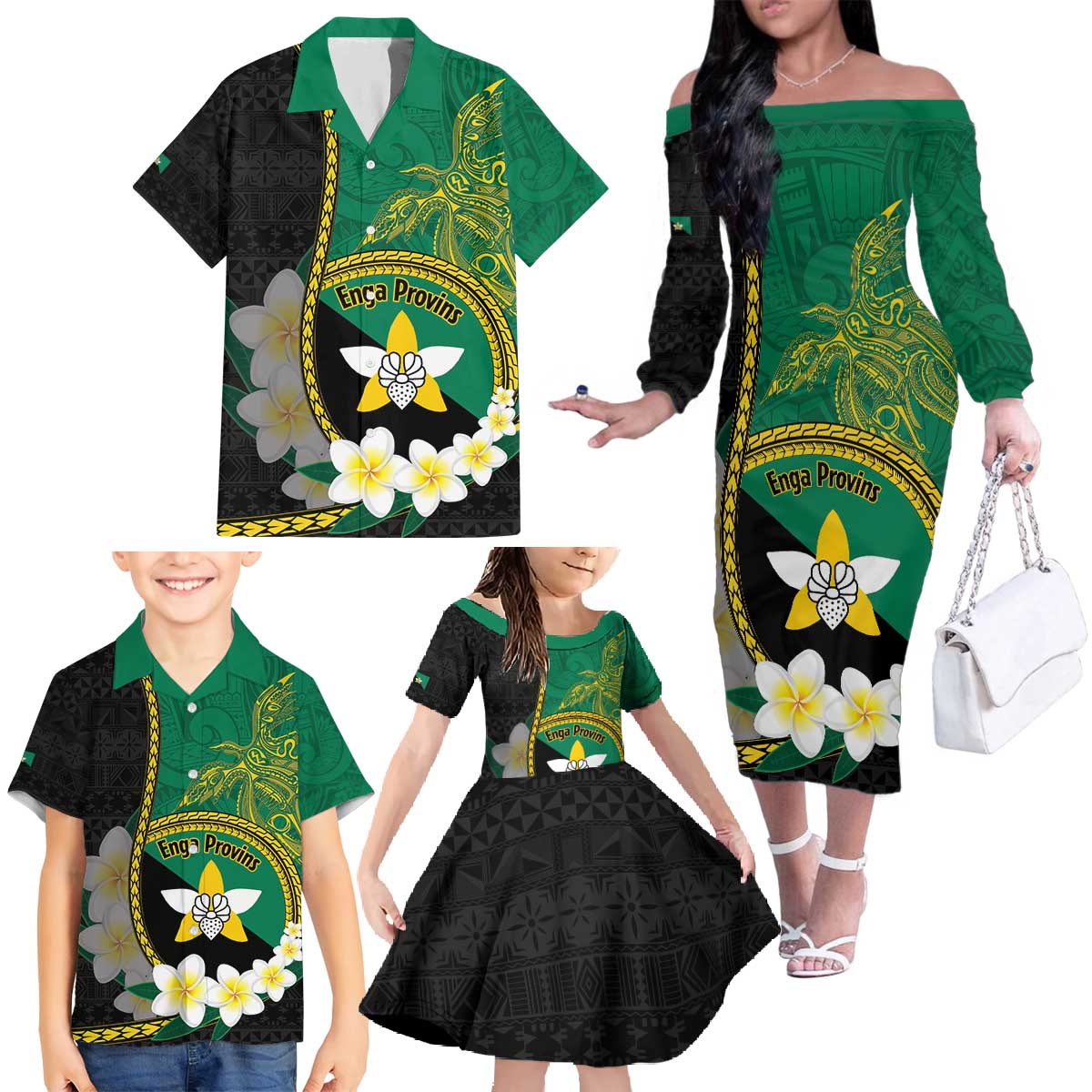Personalised PNG Enga Provins Family Matching Off The Shoulder Long Sleeve Dress and Hawaiian Shirt Papua New Guinea Plumeria Melanesian Pattern - Polynesian Pride