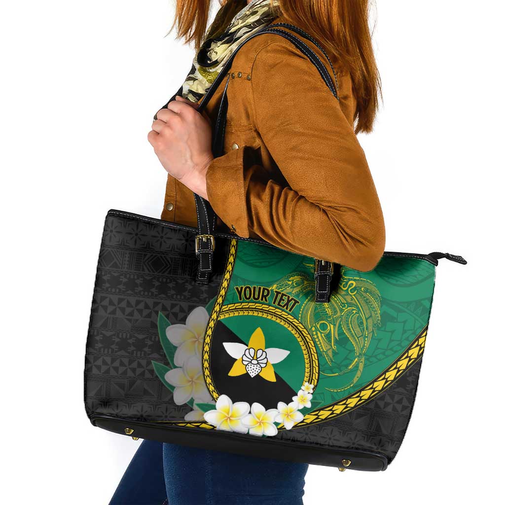 Personalised PNG Enga Provins Leather Tote Bag Papua New Guinea Plumeria Melanesian Pattern LT14 Black - Polynesian Pride