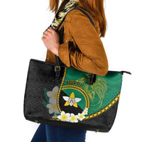Personalised PNG Enga Provins Leather Tote Bag Papua New Guinea Plumeria Melanesian Pattern LT14 Black - Polynesian Pride