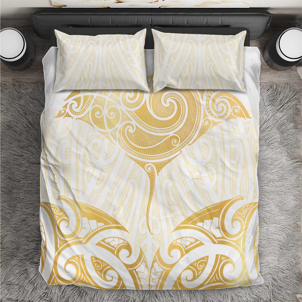 Gold White New Zealand Manta Ray Bedding Set Aotearoa Maori Haehae - Polynesian Pride