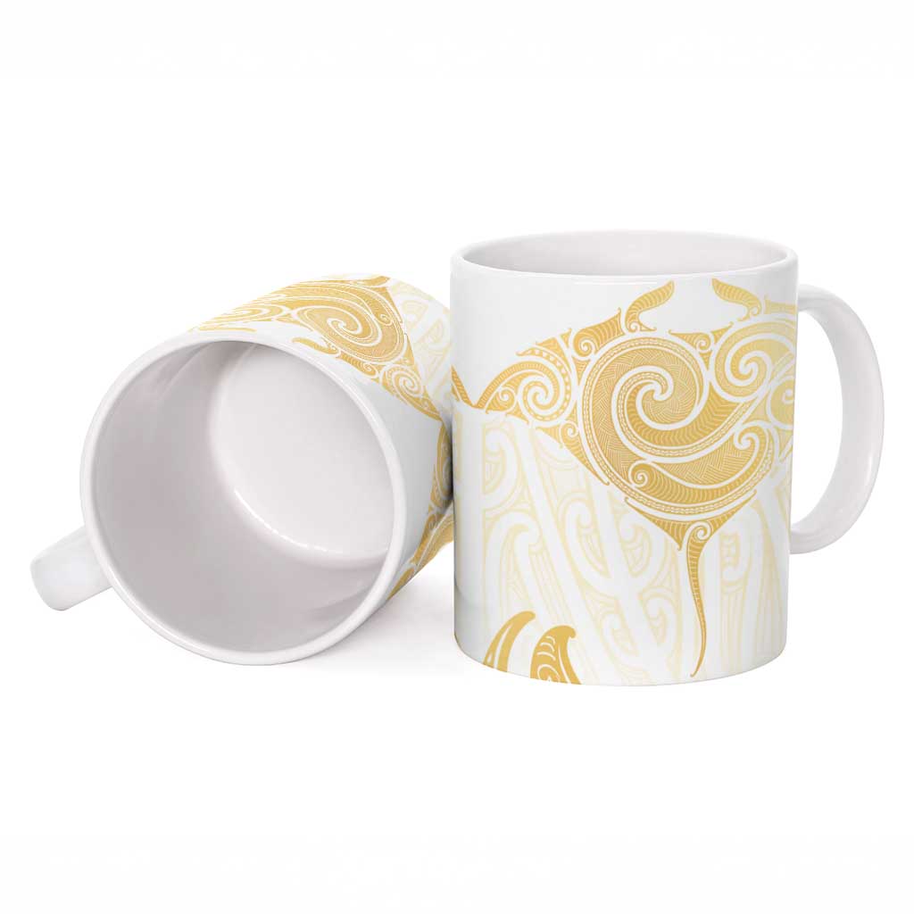 Gold White New Zealand Manta Ray Ceramic Mug Aotearoa Maori Haehae - Polynesian Pride