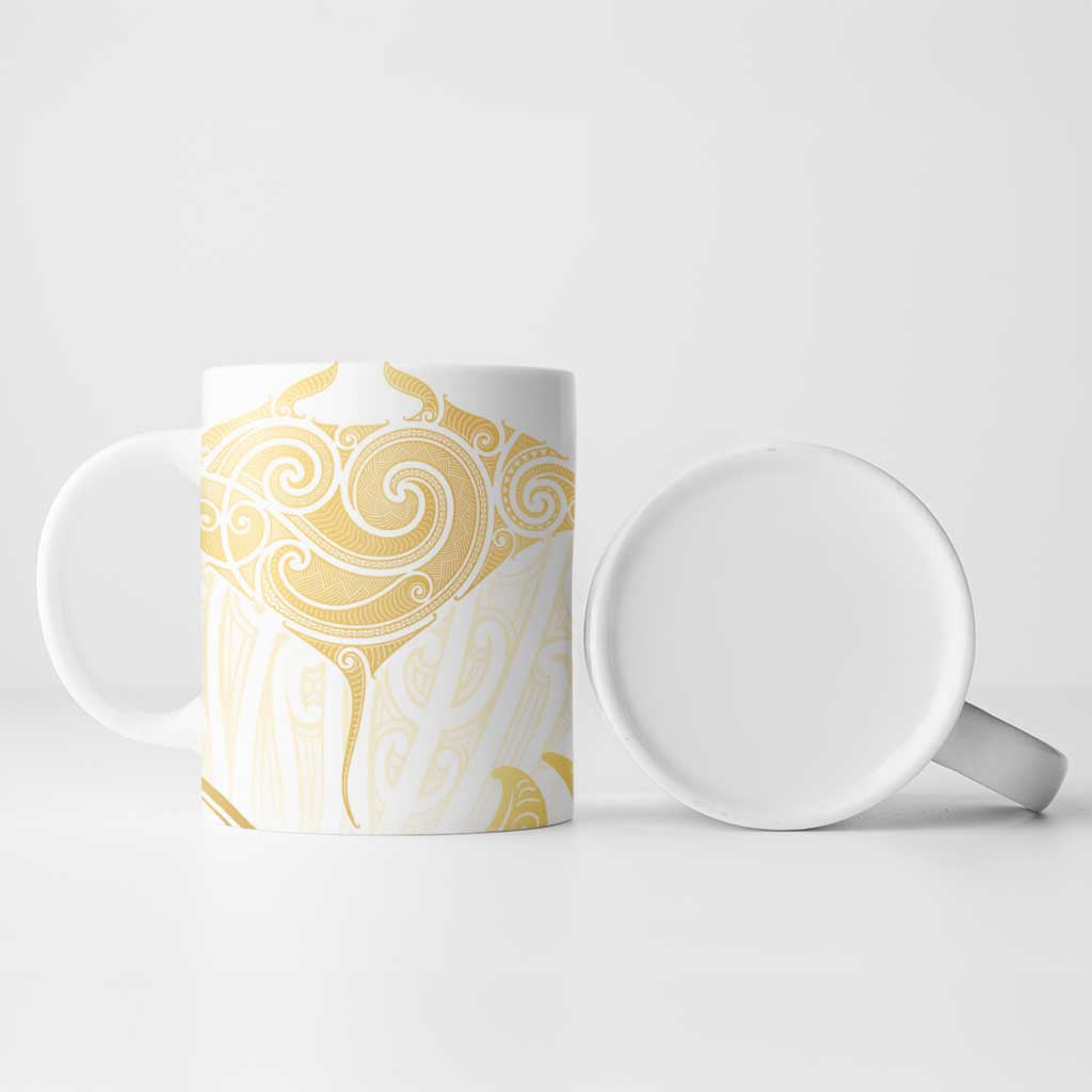 Gold White New Zealand Manta Ray Ceramic Mug Aotearoa Maori Haehae - Polynesian Pride