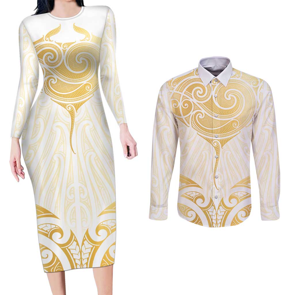 Gold White New Zealand Manta Ray Couples Matching Long Sleeve Bodycon Dress and Long Sleeve Button Shirt Aotearoa Maori Haehae - Polynesian Pride