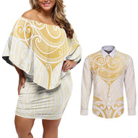 Gold White New Zealand Manta Ray Couples Matching Off Shoulder Short Dress and Long Sleeve Button Shirt Aotearoa Maori Haehae - Polynesian Pride