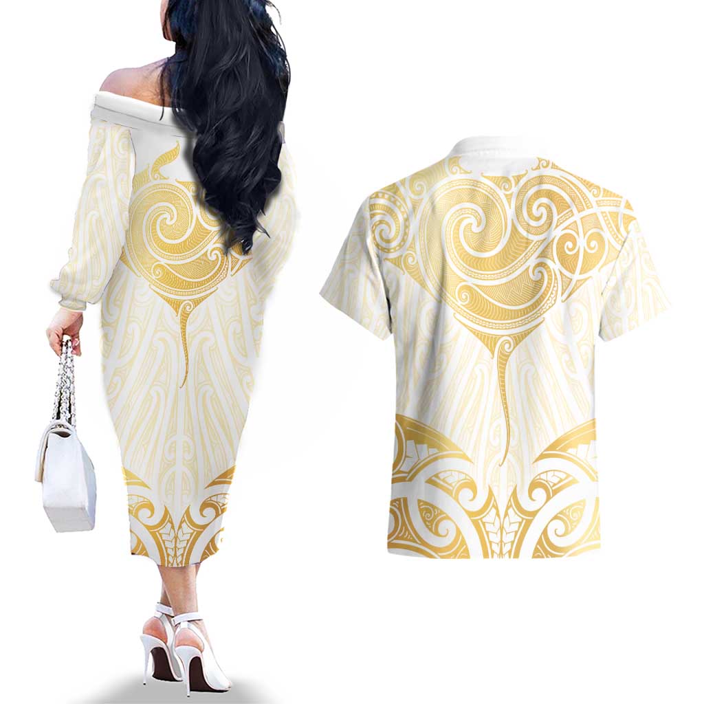 Gold White New Zealand Manta Ray Couples Matching Off The Shoulder Long Sleeve Dress and Hawaiian Shirt Aotearoa Maori Haehae - Polynesian Pride