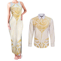 Gold White New Zealand Manta Ray Couples Matching Tank Maxi Dress and Long Sleeve Button Shirt Aotearoa Maori Haehae - Polynesian Pride