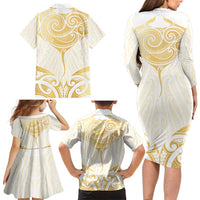 Gold White New Zealand Manta Ray Family Matching Long Sleeve Bodycon Dress and Hawaiian Shirt Aotearoa Maori Haehae - Polynesian Pride