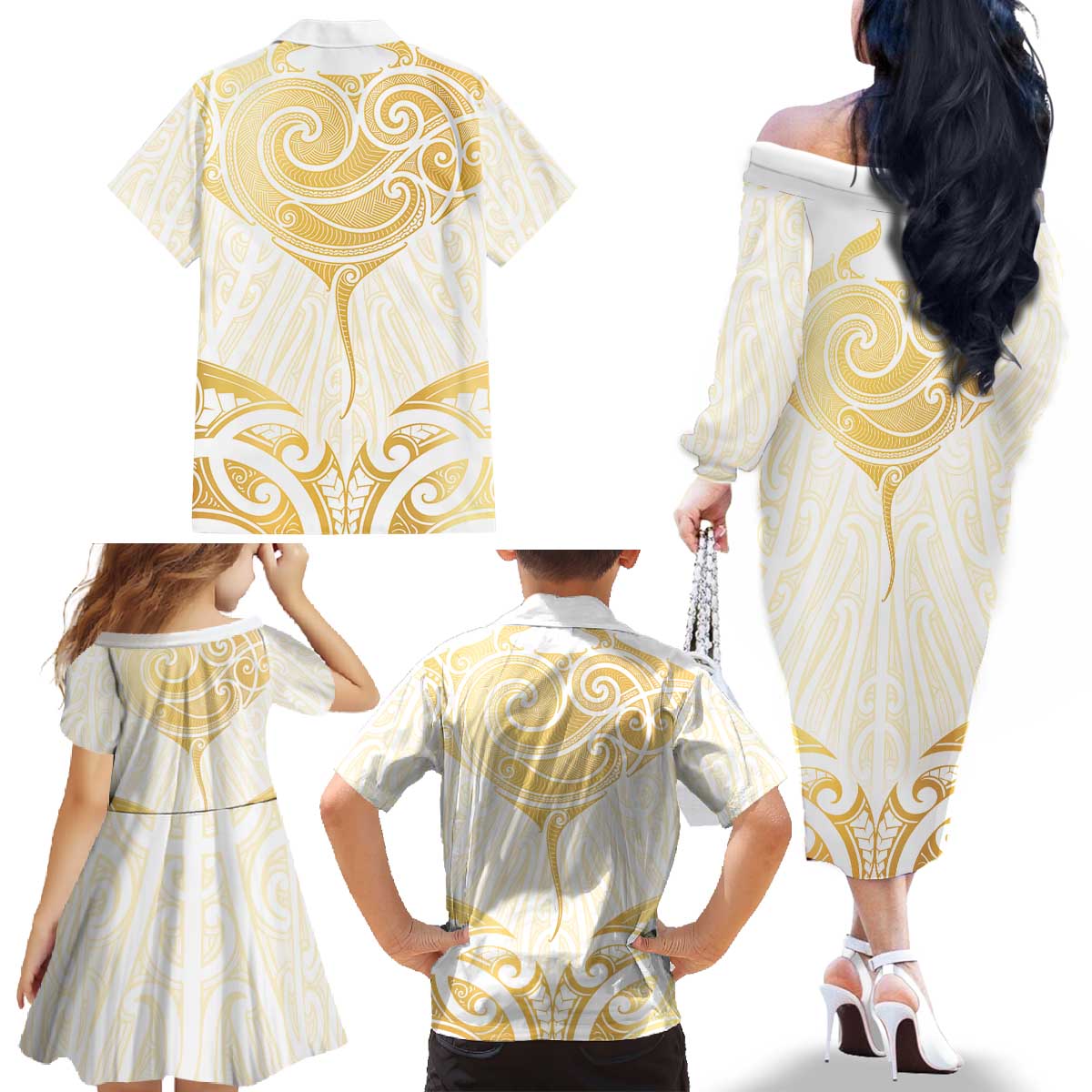 Gold White New Zealand Manta Ray Family Matching Off The Shoulder Long Sleeve Dress and Hawaiian Shirt Aotearoa Maori Haehae - Polynesian Pride