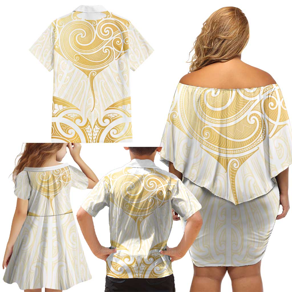 Gold White New Zealand Manta Ray Family Matching Off Shoulder Short Dress and Hawaiian Shirt Aotearoa Maori Haehae - Polynesian Pride