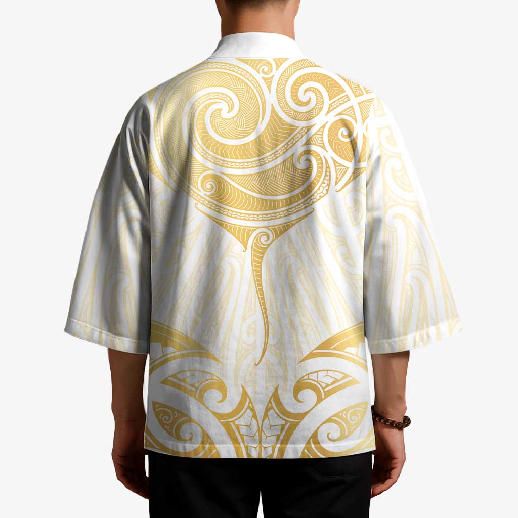 Gold White New Zealand Manta Ray Kimono Aotearoa Maori Haehae - Polynesian Pride