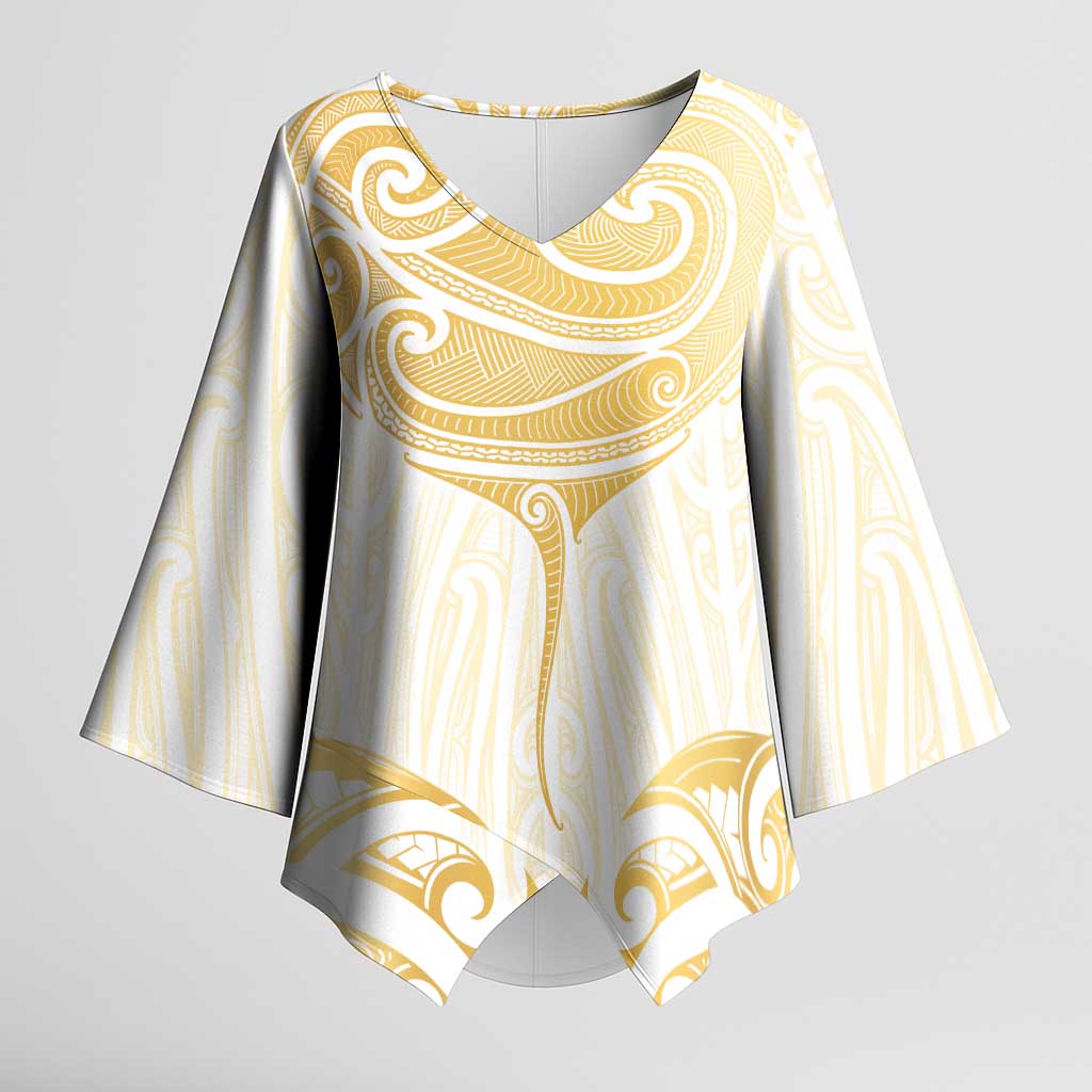 Gold White New Zealand Manta Ray Kimono Sleeve Blouse Aotearoa Maori Haehae - Polynesian Pride