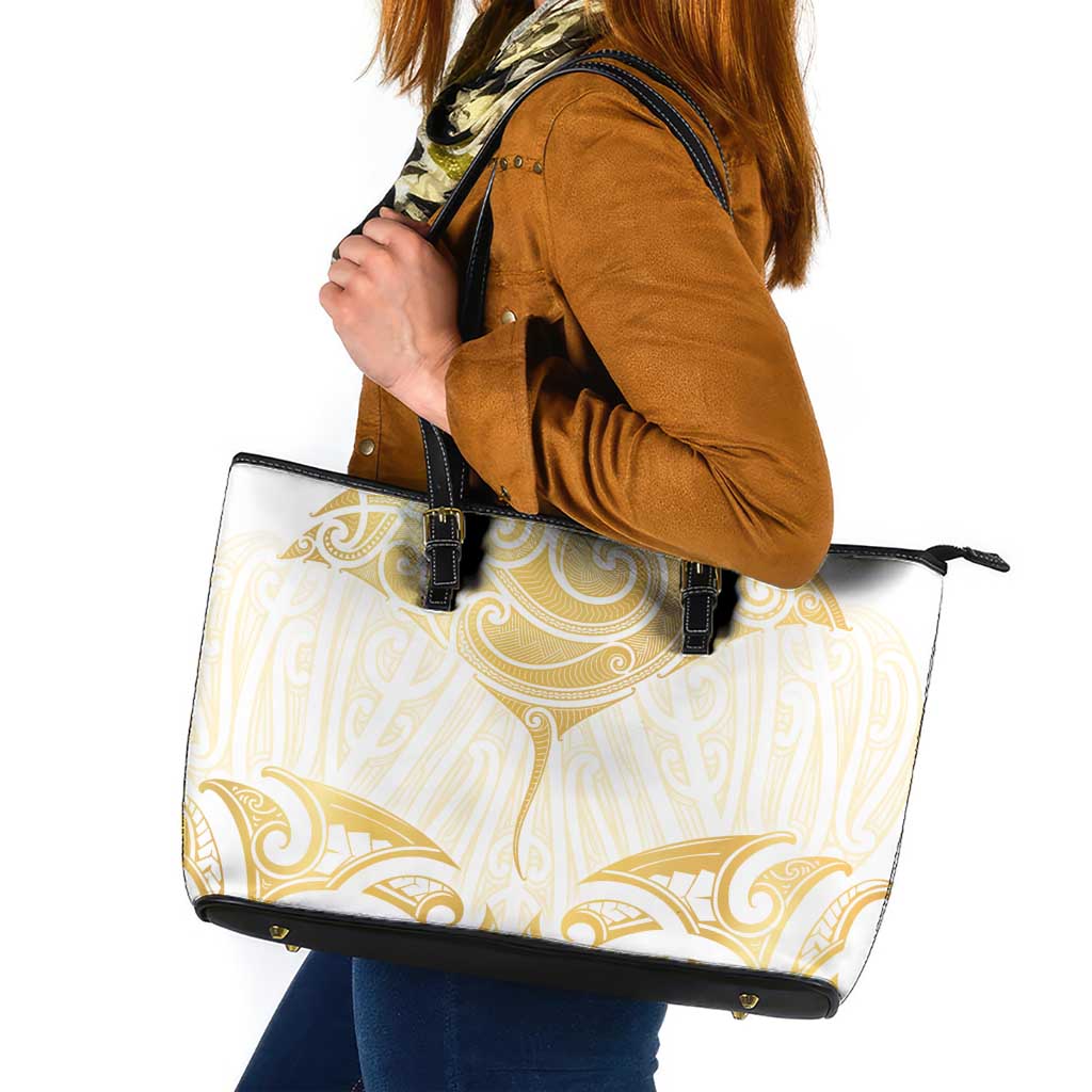 Gold White New Zealand Manta Ray Leather Tote Bag Aotearoa Maori Haehae - Polynesian Pride