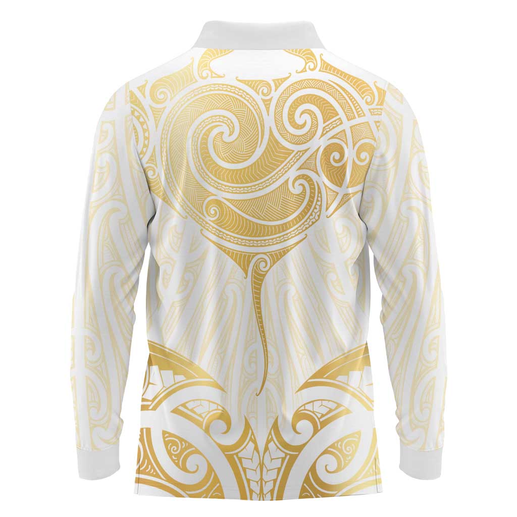 Gold White New Zealand Manta Ray Long Sleeve Polo Shirt Aotearoa Maori Haehae - Polynesian Pride