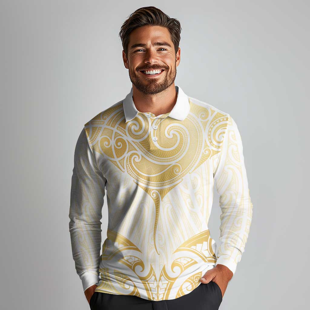 Gold White New Zealand Manta Ray Long Sleeve Polo Shirt Aotearoa Maori Haehae - Polynesian Pride