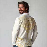 Gold White New Zealand Manta Ray Long Sleeve Polo Shirt Aotearoa Maori Haehae - Polynesian Pride