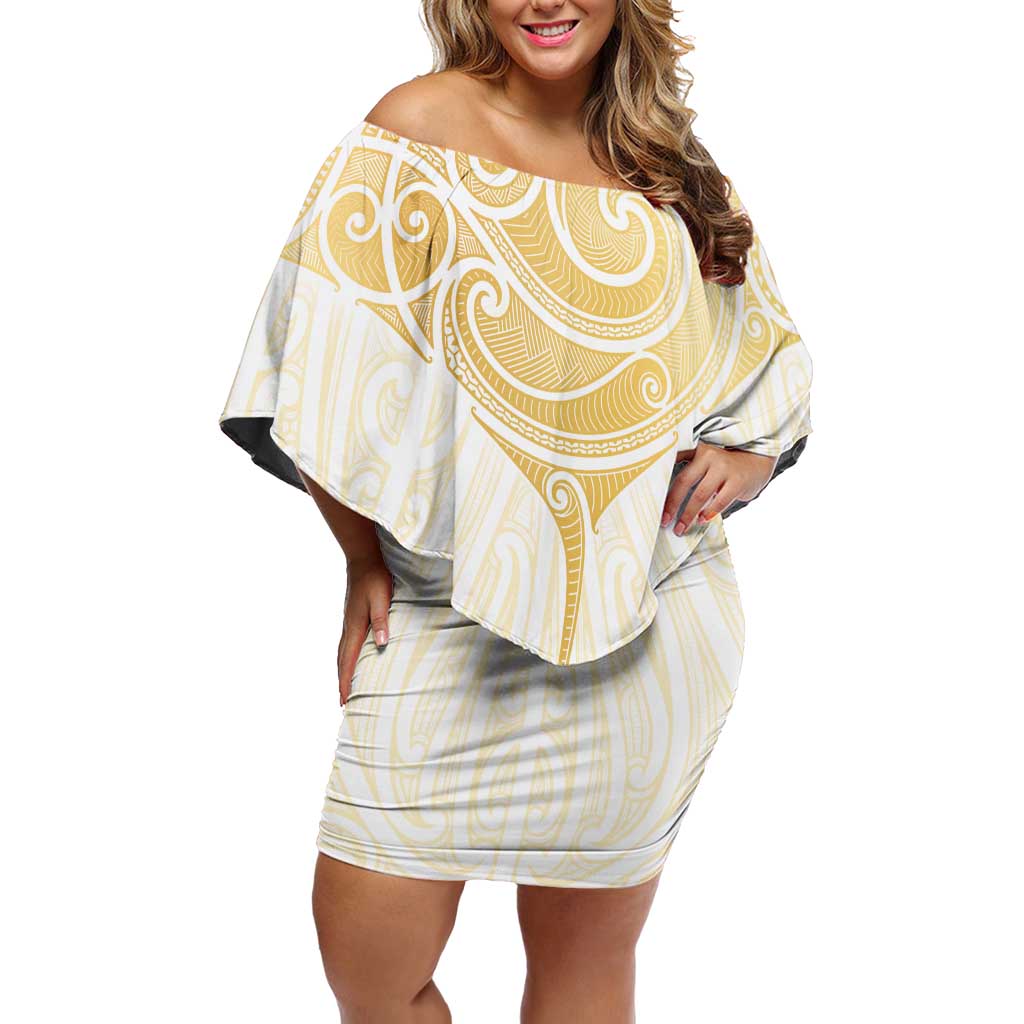 Gold White New Zealand Manta Ray Off Shoulder Short Dress Aotearoa Maori Haehae - Polynesian Pride