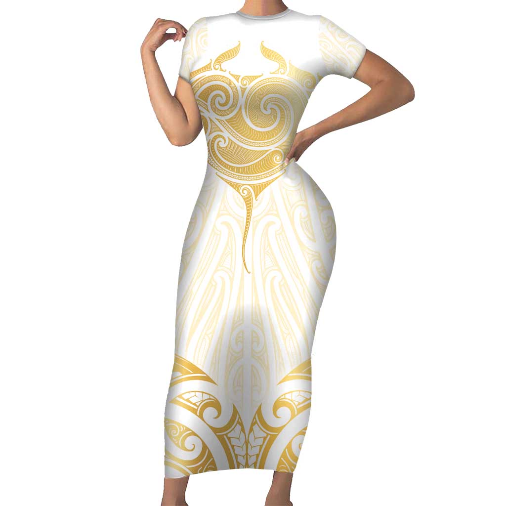 Gold White New Zealand Manta Ray Short Sleeve Bodycon Dress Aotearoa Maori  Haehae - Polynesian Pride