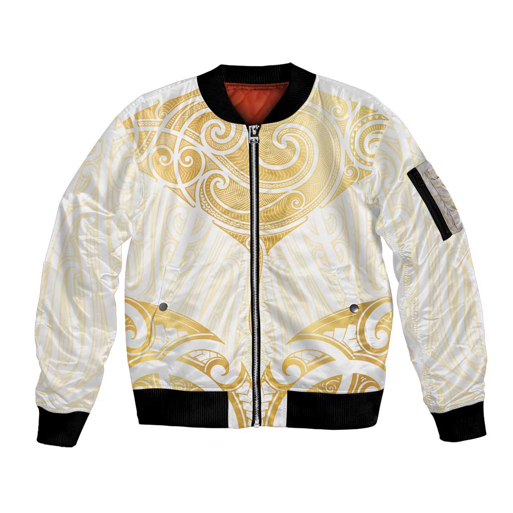 Gold White New Zealand Manta Ray Sleeve Zip Bomber Jacket Aotearoa Maori Haehae - Polynesian Pride