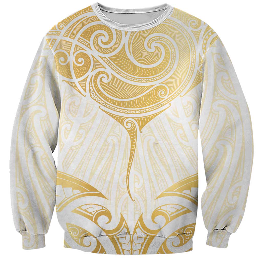 Gold White New Zealand Manta Ray Sweatshirt Aotearoa Maori Haehae - Polynesian Pride