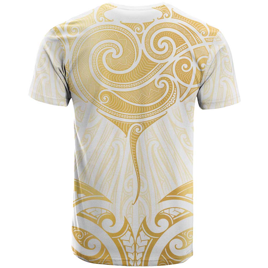 Gold White New Zealand Manta Ray T Shirt Aotearoa Maori Haehae - Polynesian Pride