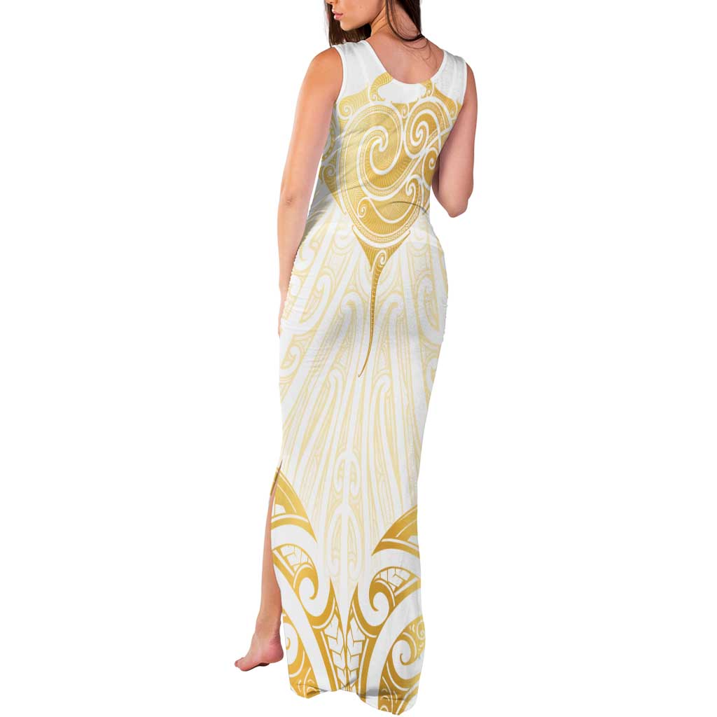 Gold White New Zealand Manta Ray Tank Maxi Dress Aotearoa Maori Haehae - Polynesian Pride