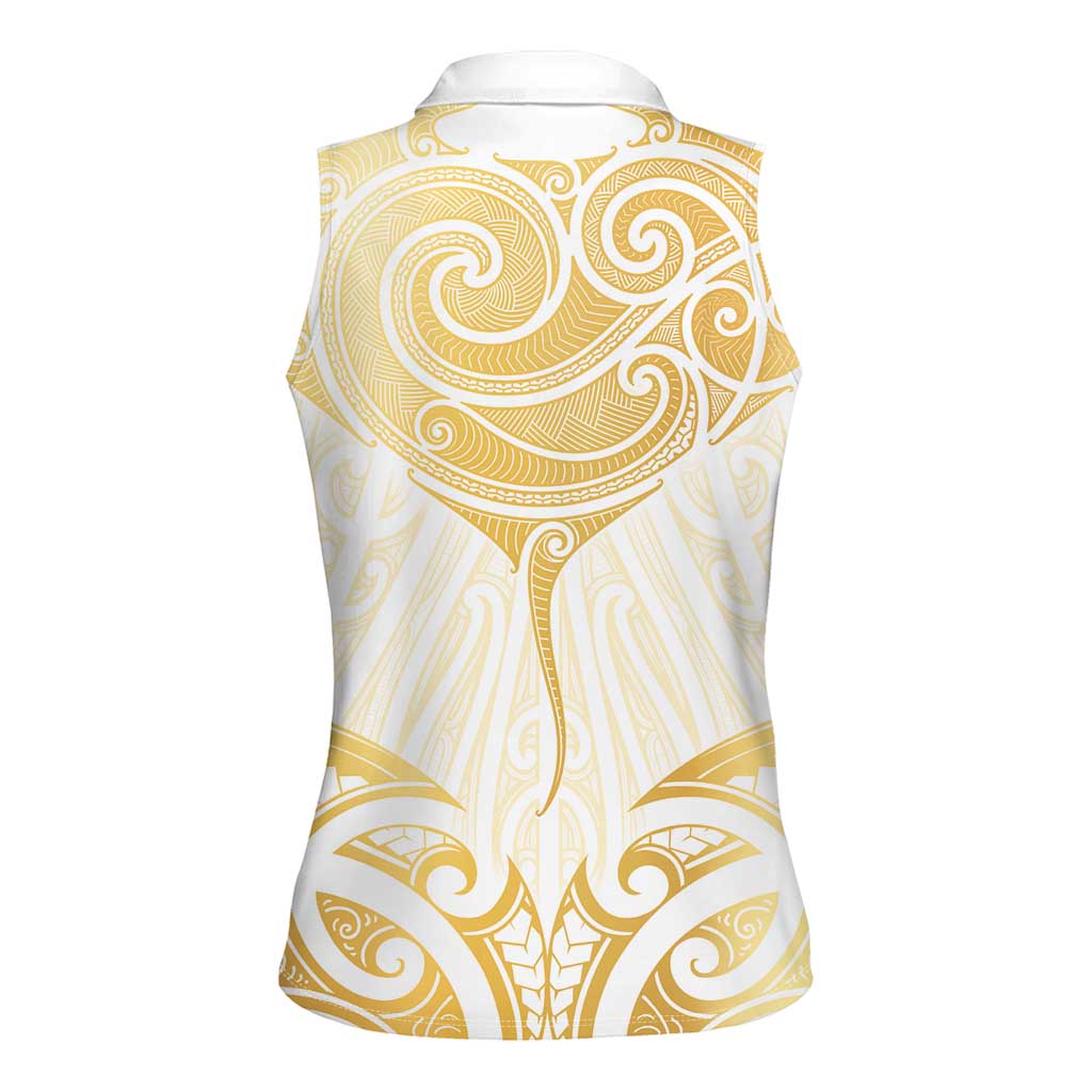 Gold White New Zealand Manta Ray Women Sleeveless Polo Shirt Aotearoa Maori Haehae - Polynesian Pride