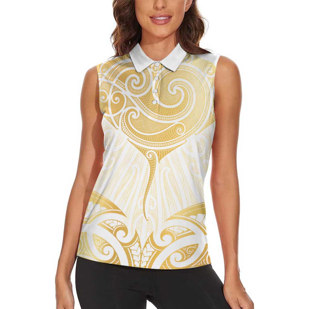 Gold White New Zealand Manta Ray Women Sleeveless Polo Shirt Aotearoa Maori Haehae - Polynesian Pride