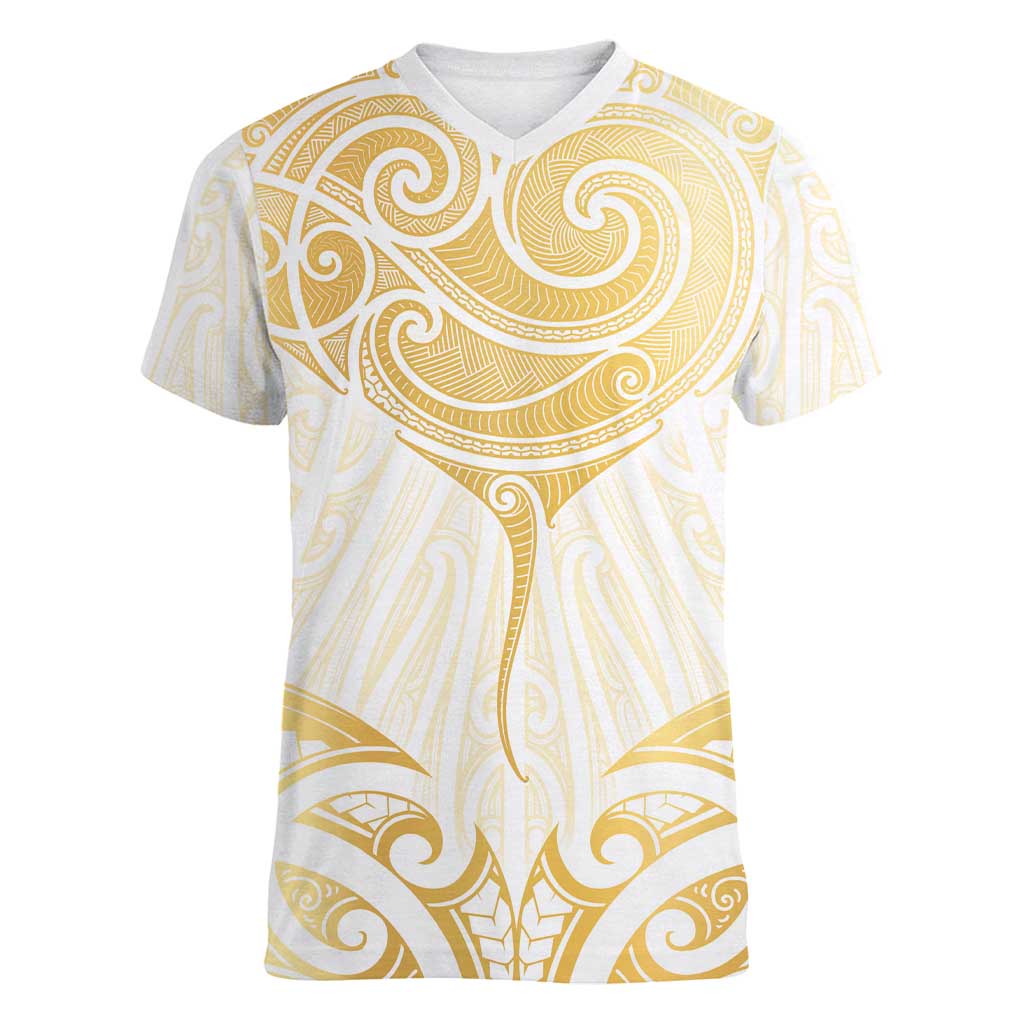 Gold White New Zealand Manta Ray Women V-Neck T-Shirt Aotearoa Maori Haehae - Polynesian Pride