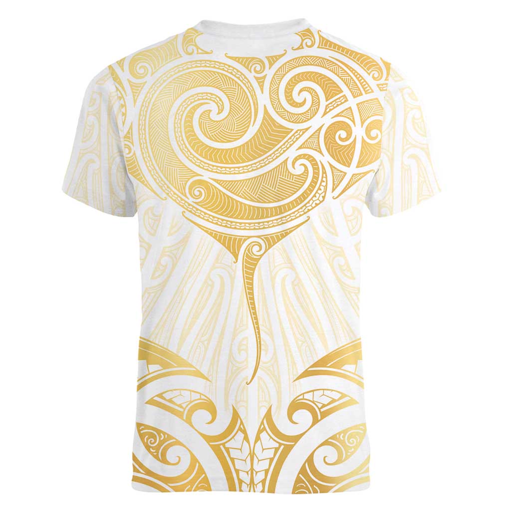 Gold White New Zealand Manta Ray Women V-Neck T-Shirt Aotearoa Maori Haehae - Polynesian Pride