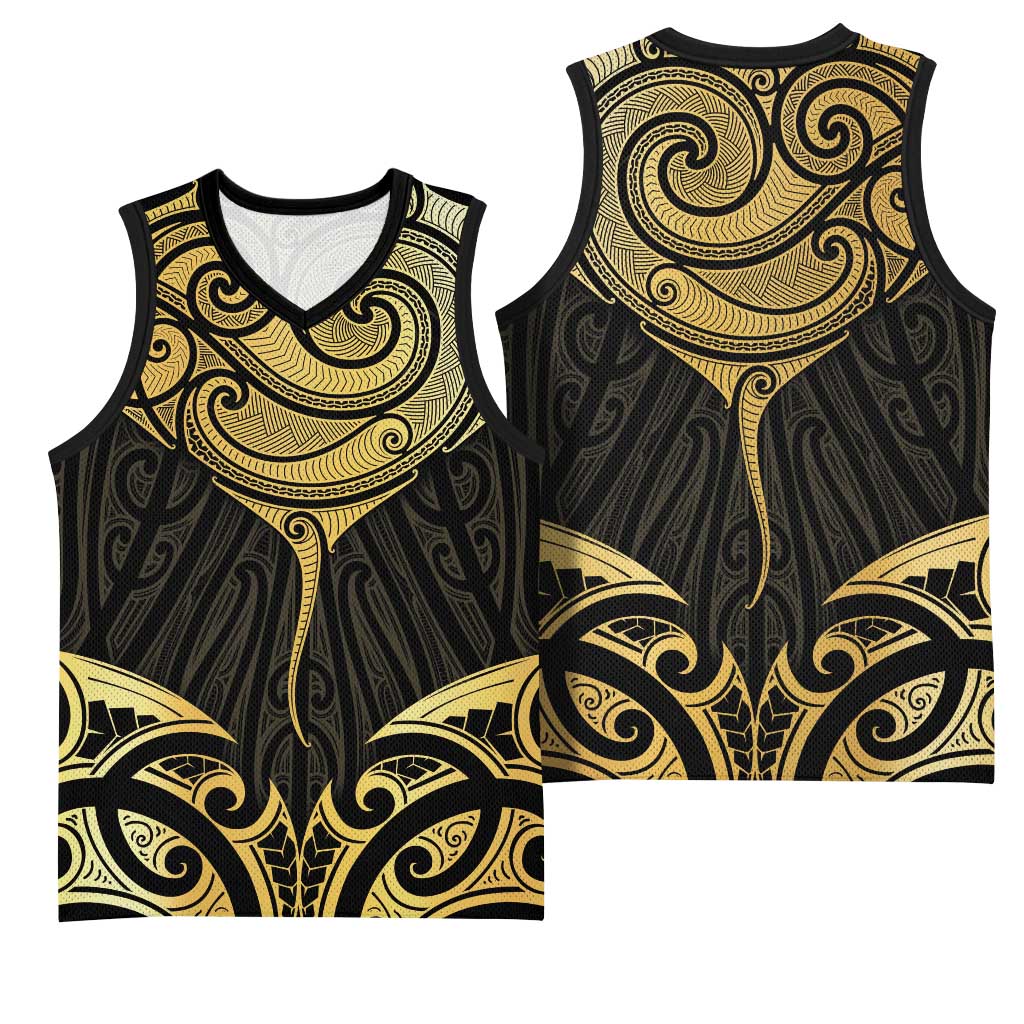 Gold Black New Zealand Manta Ray Basketball Jersey Aotearoa Maori Haehae - Polynesian Pride