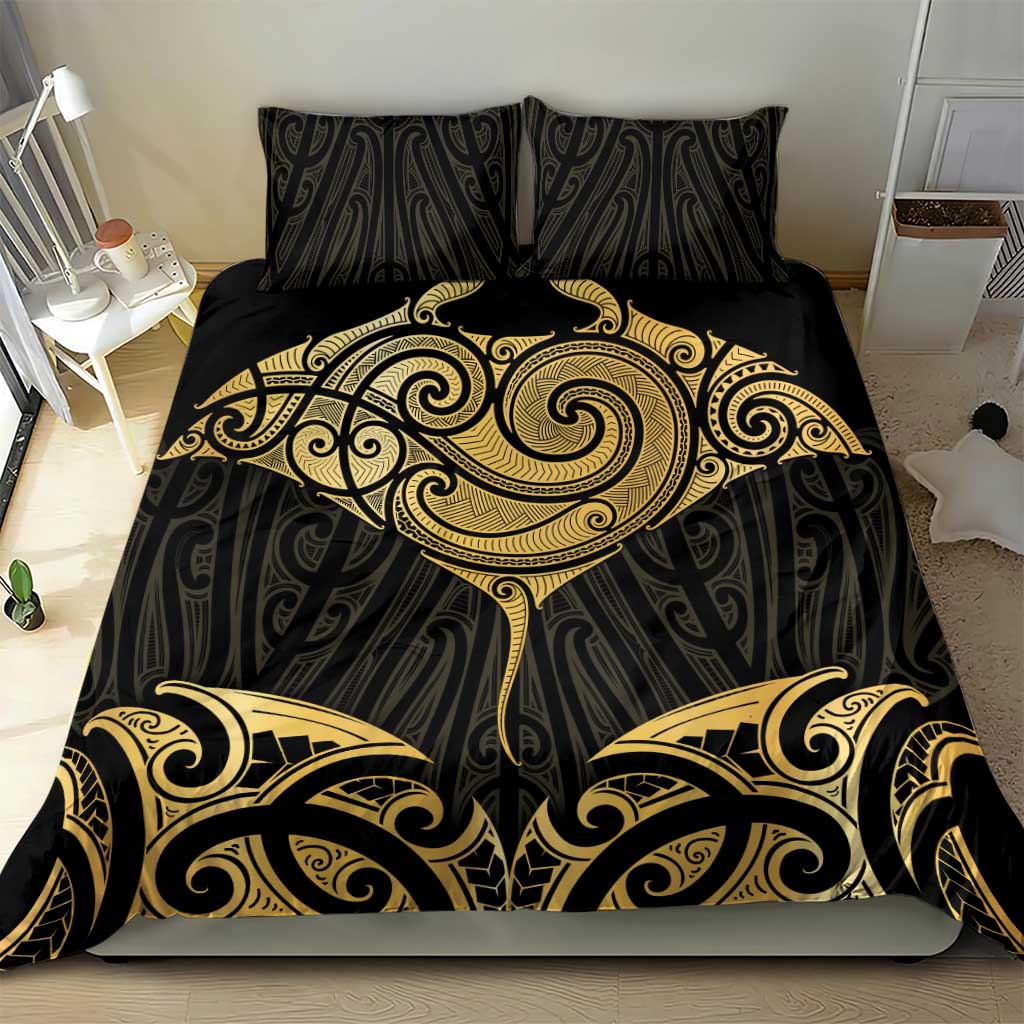 Gold Black New Zealand Manta Ray Bedding Set Aotearoa Maori Haehae - Polynesian Pride