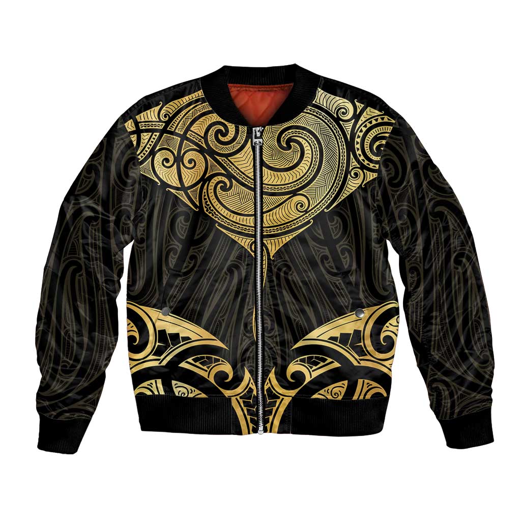 Gold Black New Zealand Manta Ray Bomber Jacket Aotearoa Maori Haehae - Polynesian Pride