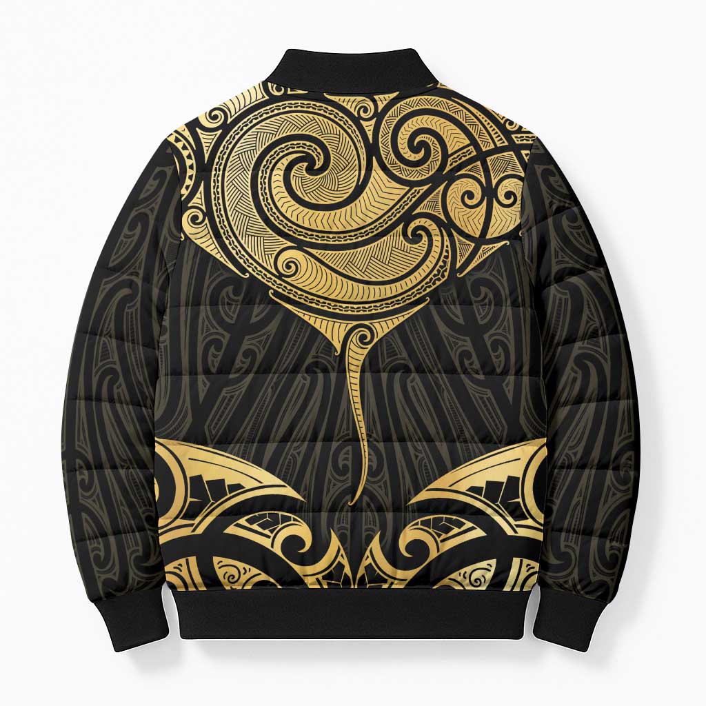 Gold Black New Zealand Manta Ray Bomber Puffer Jacket Aotearoa Maori Haehae - Polynesian Pride