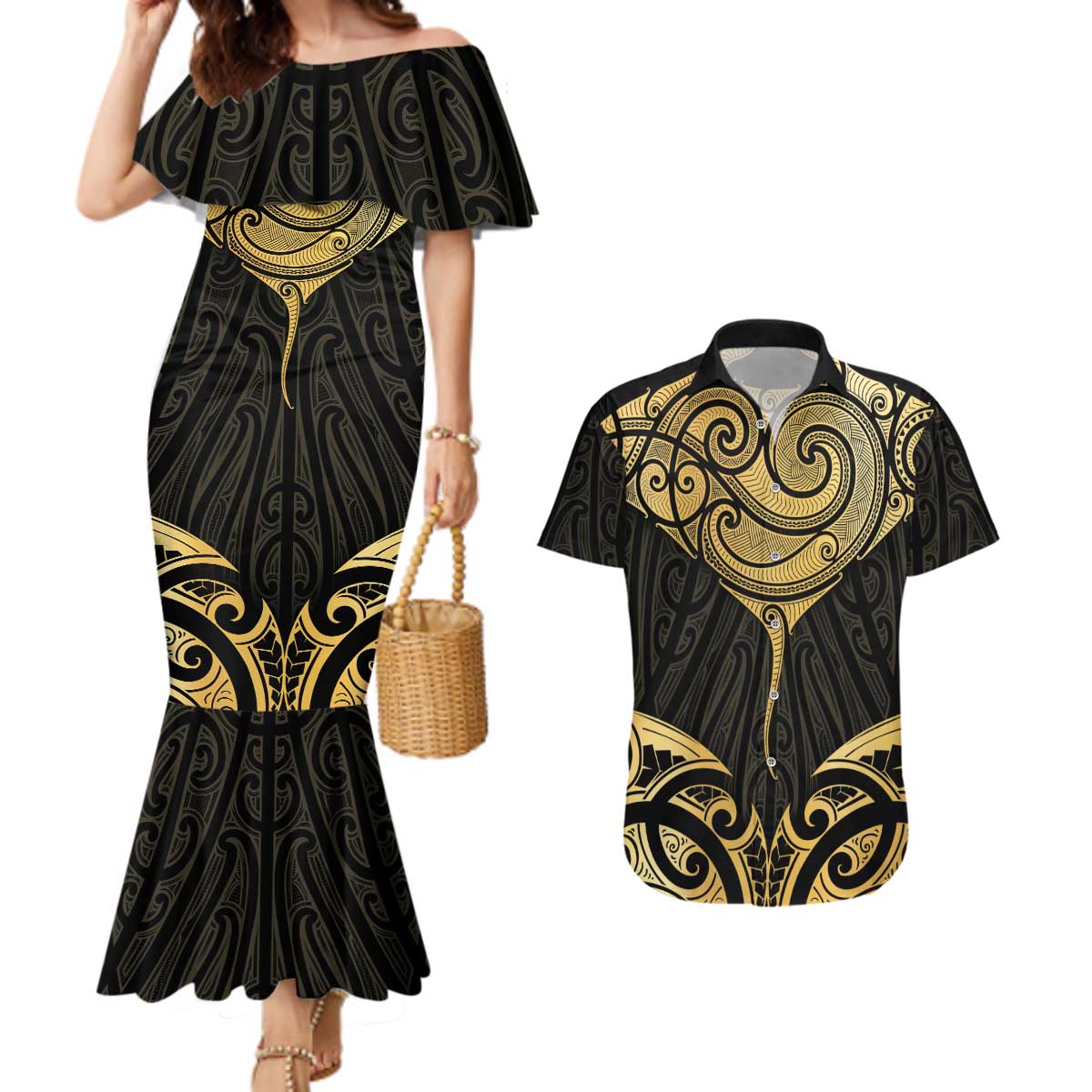 Gold Black New Zealand Manta Ray Couples Matching Mermaid Dress and Hawaiian Shirt Aotearoa Maori Haehae - Polynesian Pride