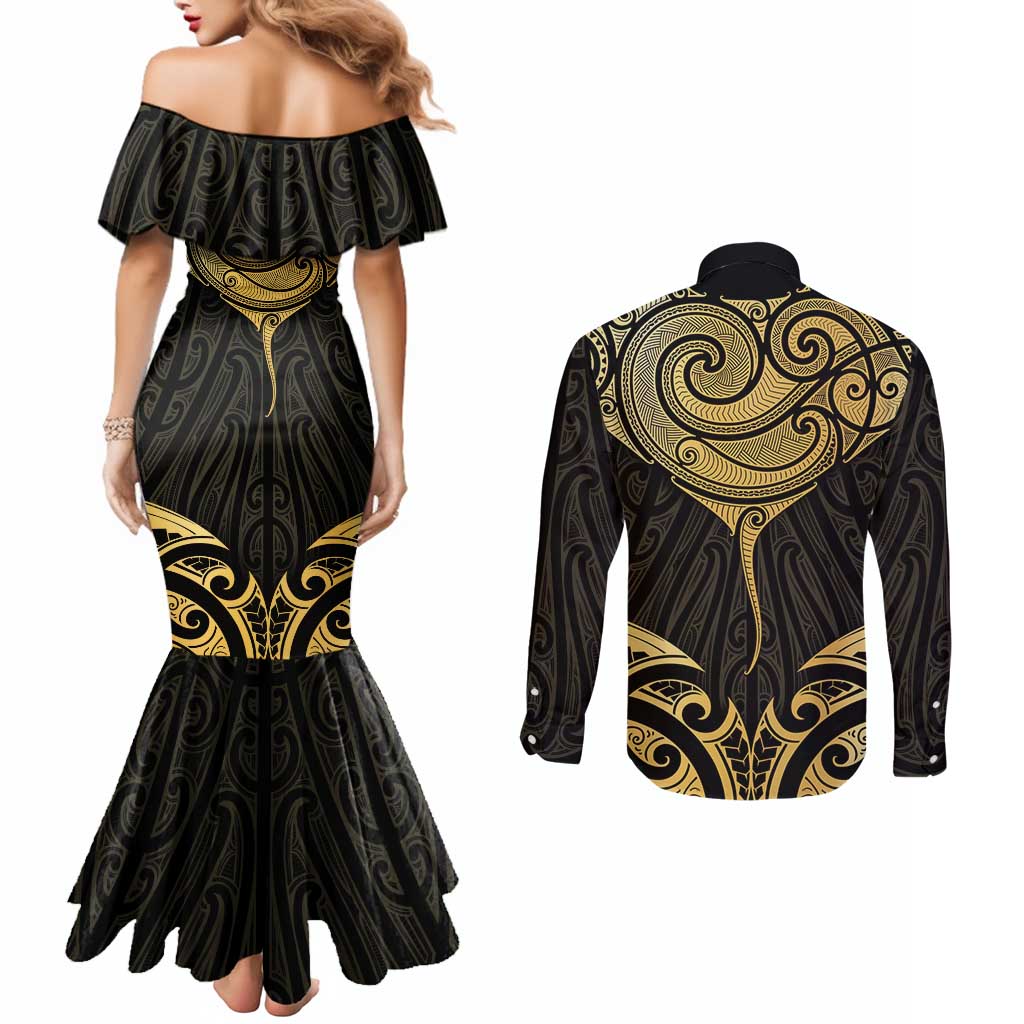 Gold Black New Zealand Manta Ray Couples Matching Mermaid Dress and Long Sleeve Button Shirt Aotearoa Maori Haehae - Polynesian Pride
