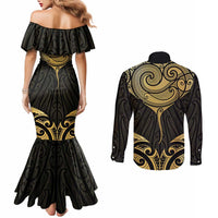 Gold Black New Zealand Manta Ray Couples Matching Mermaid Dress and Long Sleeve Button Shirt Aotearoa Maori Haehae - Polynesian Pride