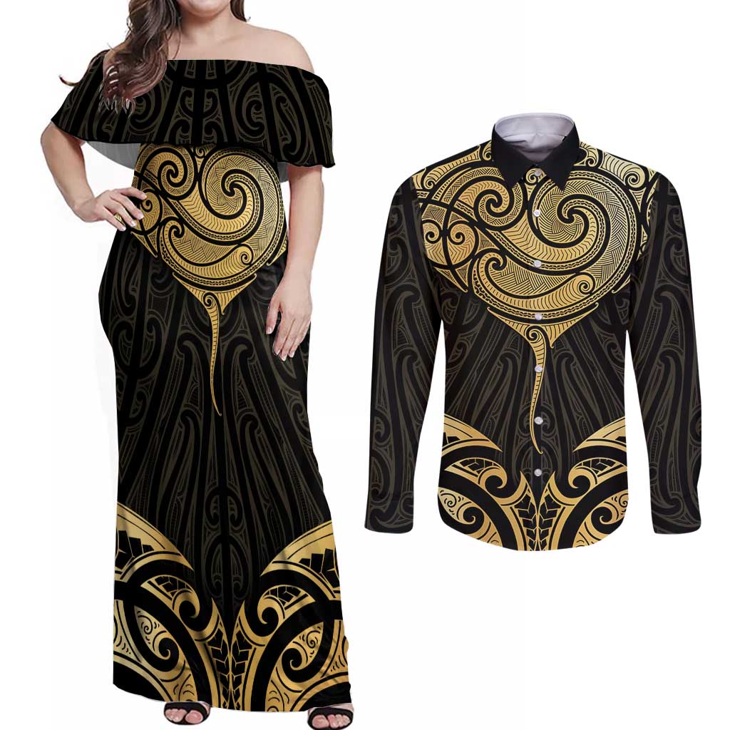 Gold Black New Zealand Manta Ray Couples Matching Off Shoulder Maxi Dress and Long Sleeve Button Gold Black New Zealand Manta Ray Couples Matching Off Shoulder Maxi Dress and Long Sleeve Button