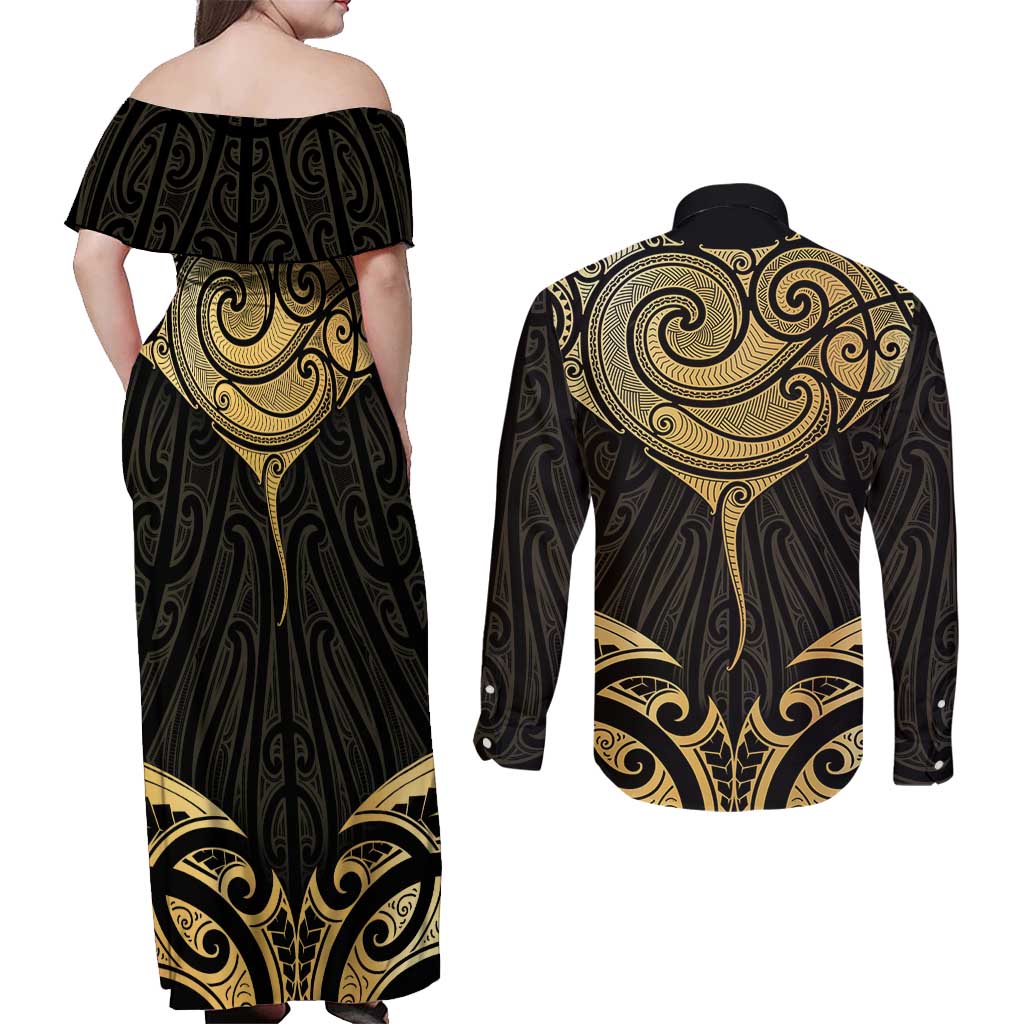 Gold Black New Zealand Manta Ray Couples Matching Off Shoulder Maxi Dress and Long Sleeve Button Shirt Aotearoa Maori Haehae - Polynesian Pride