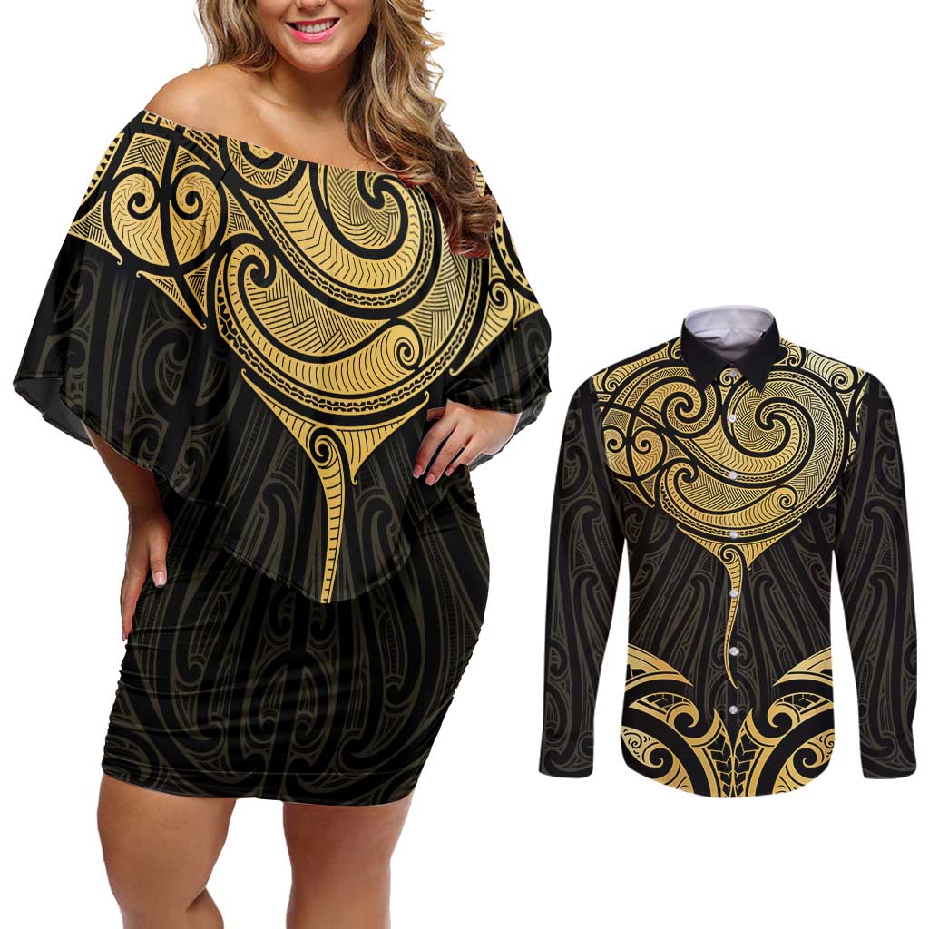 Gold Black New Zealand Manta Ray Couples Matching Off Shoulder Short Dress and Long Sleeve Button Shirt Aotearoa Maori Haehae - Polynesian Pride