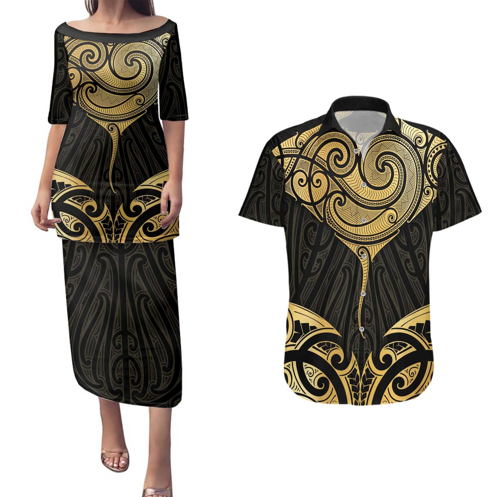 Gold Black New Zealand Manta Ray Couples Matching Puletasi and Hawaiian Shirt Aotearoa Maori Haehae - Polynesian Pride